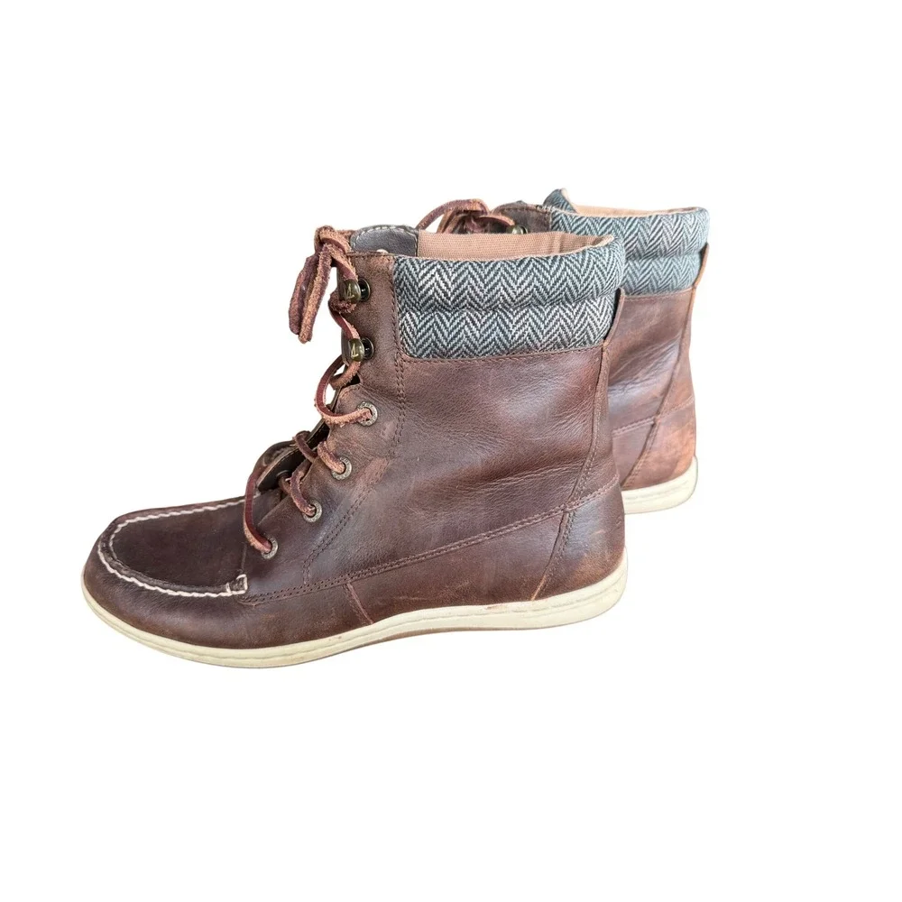 Sperry Bayfish Brown Leather Lace Up Moc Toe Ankle Boot Herringbone Women 8.5 M